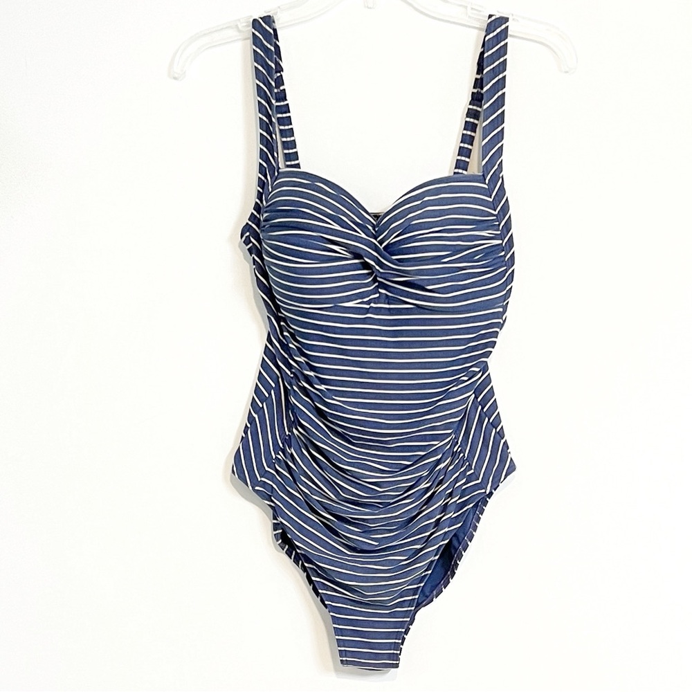 NipTuck Swim Blue White Striped One Piece Swimsuit Tummy Control Shirred US 8